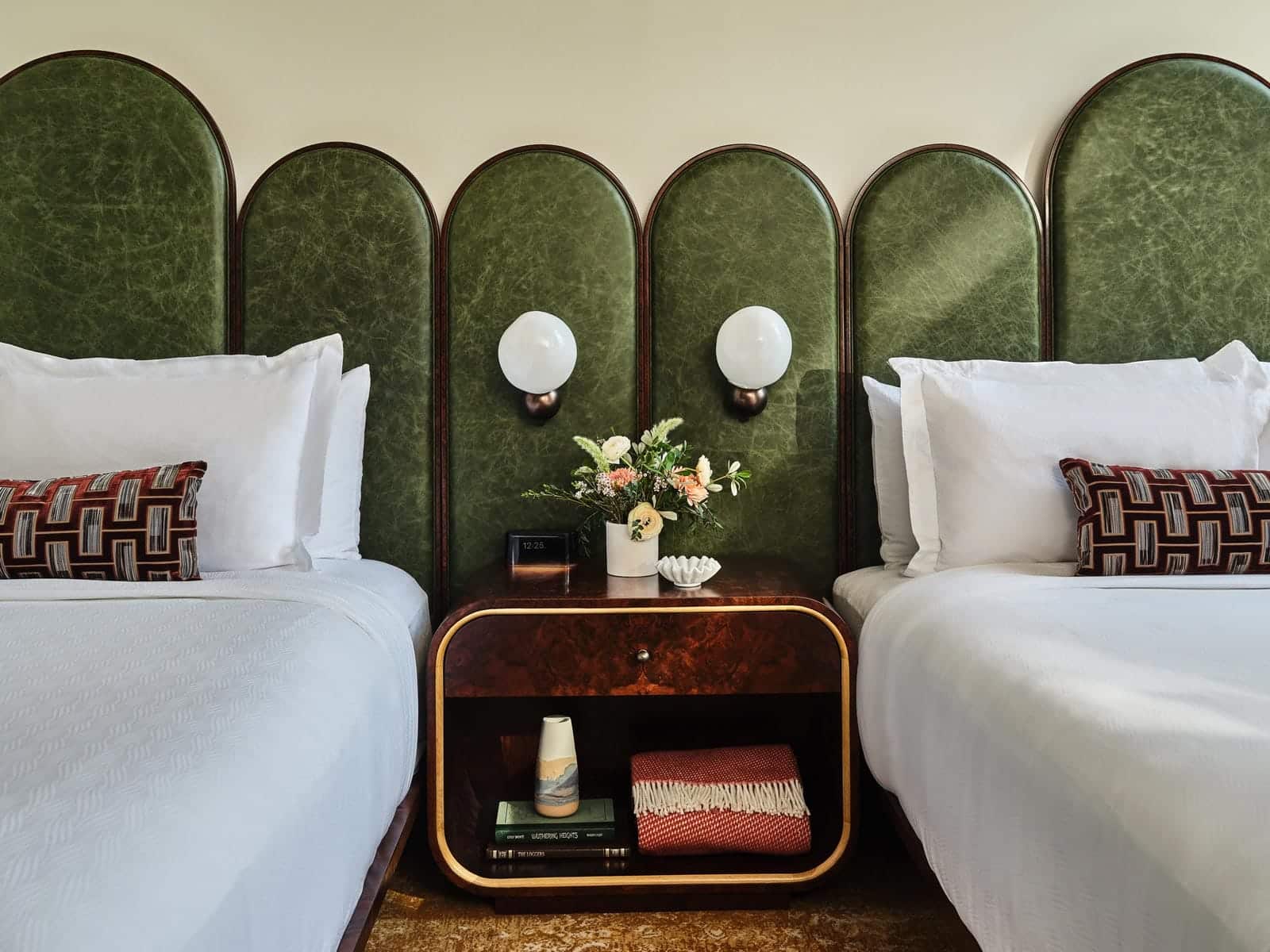 Jamie Stern's distressed Triple Crown pasture leather upholstering headboards in the Crawford Hotel's guest rooms