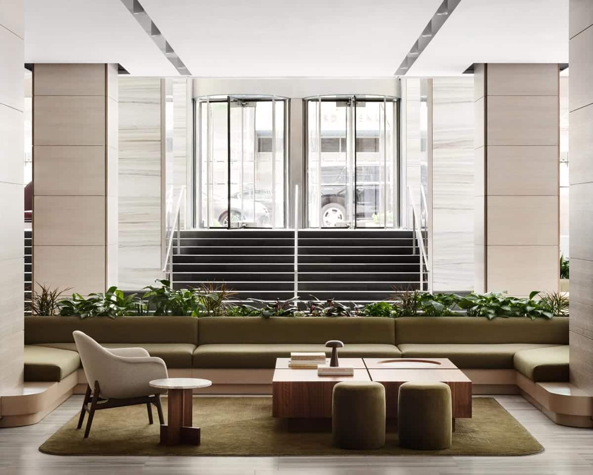 corporate banquette and carpet by Jamie Stern