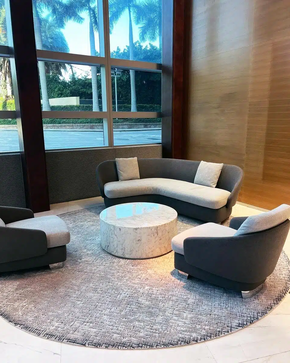 gray lobby rugs by Jamie Stern