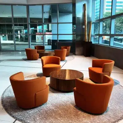 gray lobby rugs by Jamie Stern