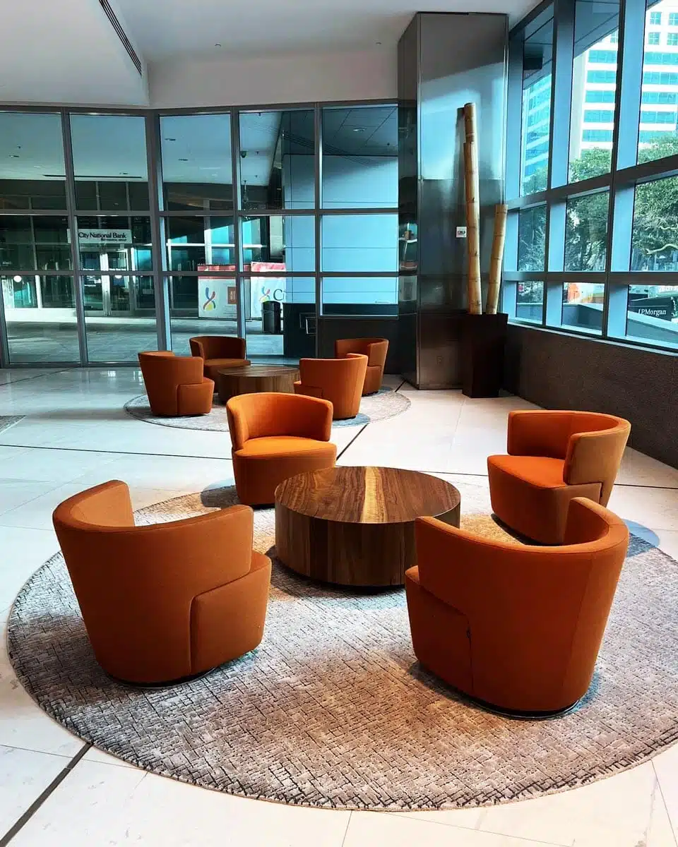 gray lobby rugs by Jamie Stern