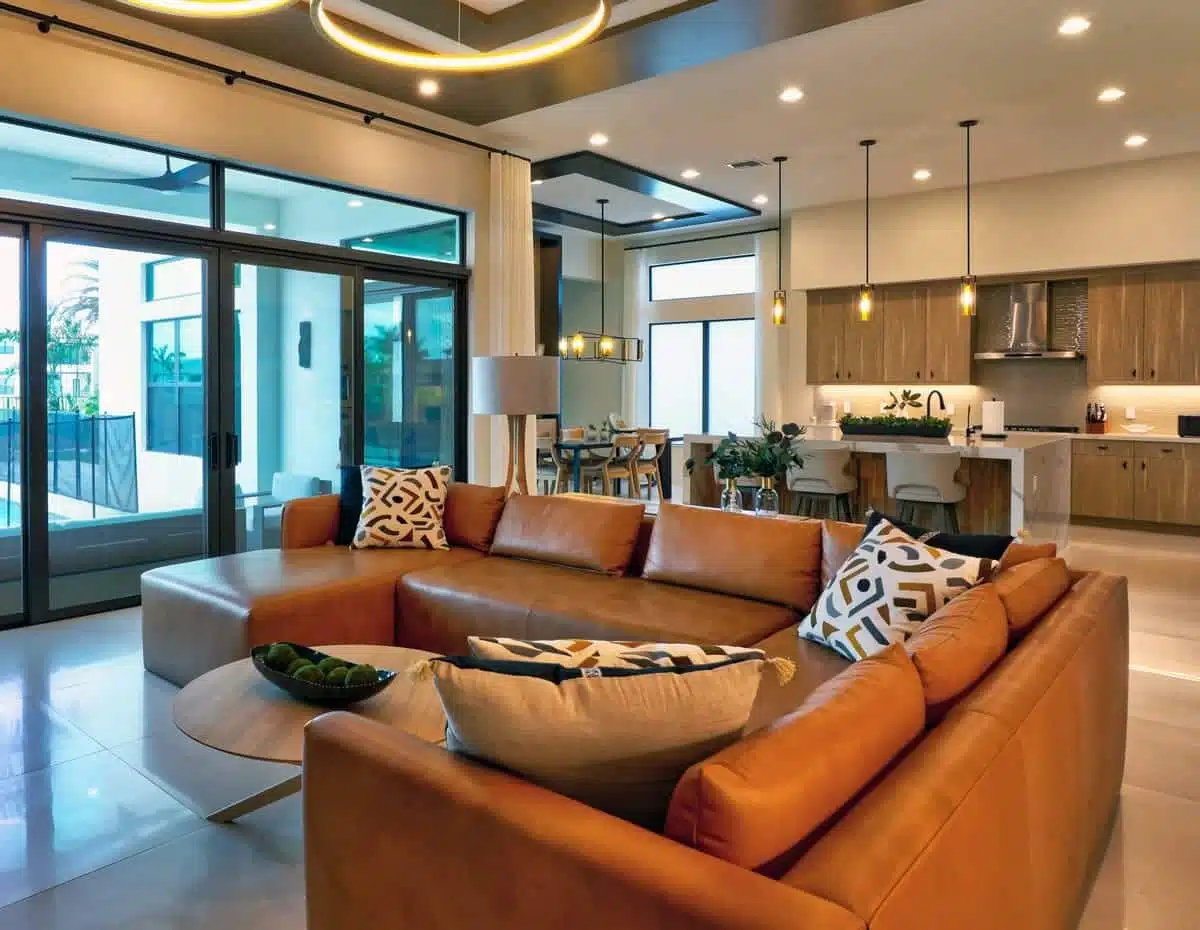 Brown leather sectional in Delray Beach living room