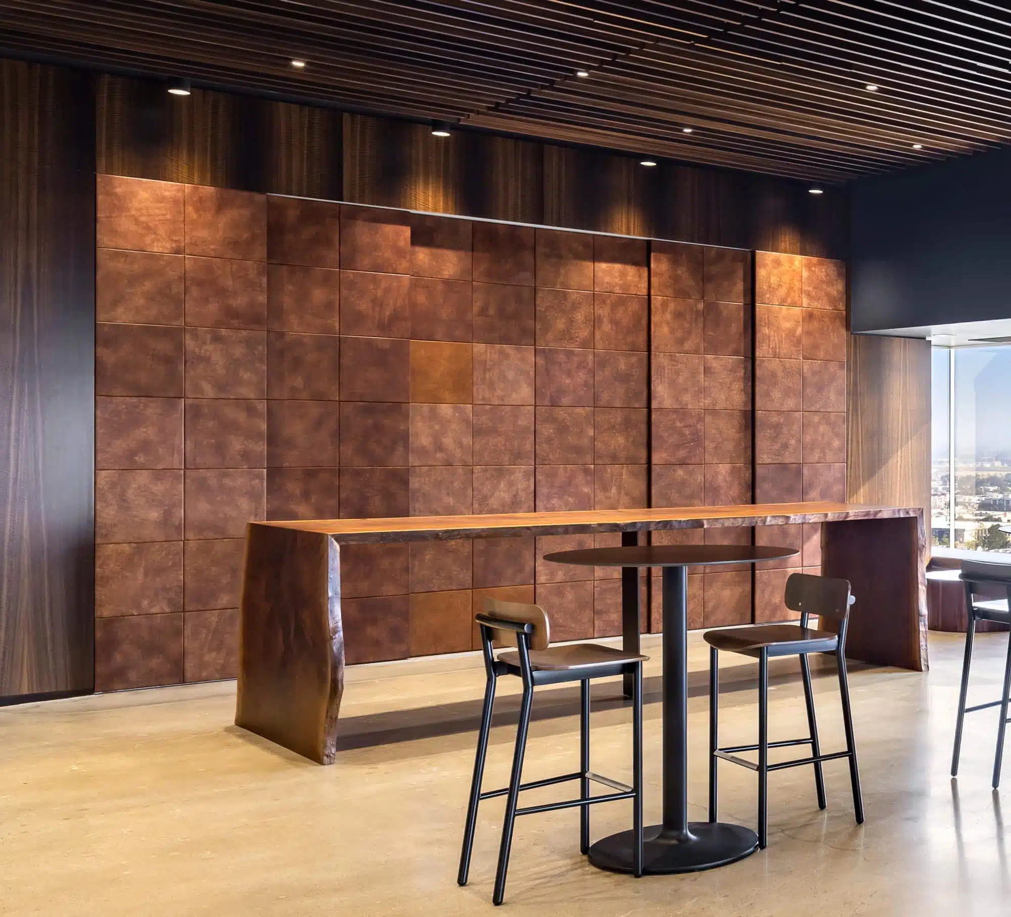 Leather paneled wall by Jamie Stern for Reyes Coca-Cola