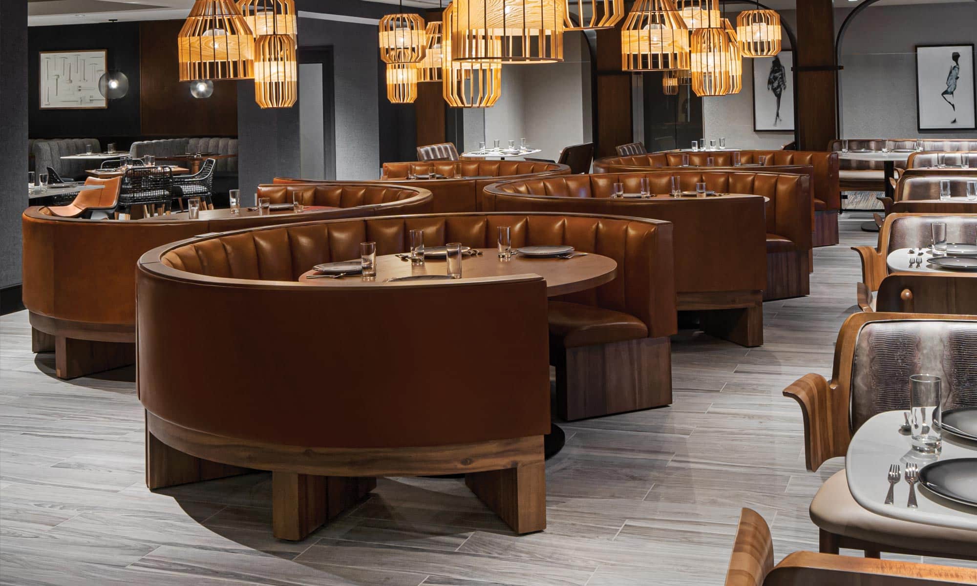 Custom banquettes upholstered in antiquity leather