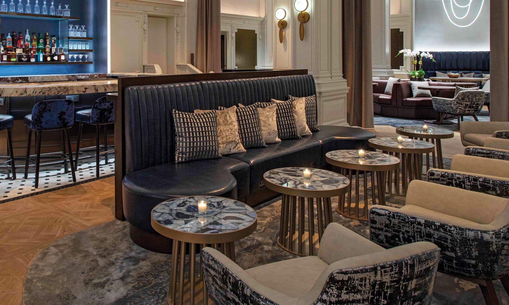 Caribbean Spice leather upholstered banquette at the Algonquin Hotel