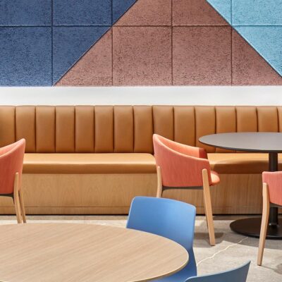 Oversized curved banquette for corporate office by Jamie Stern Furniture