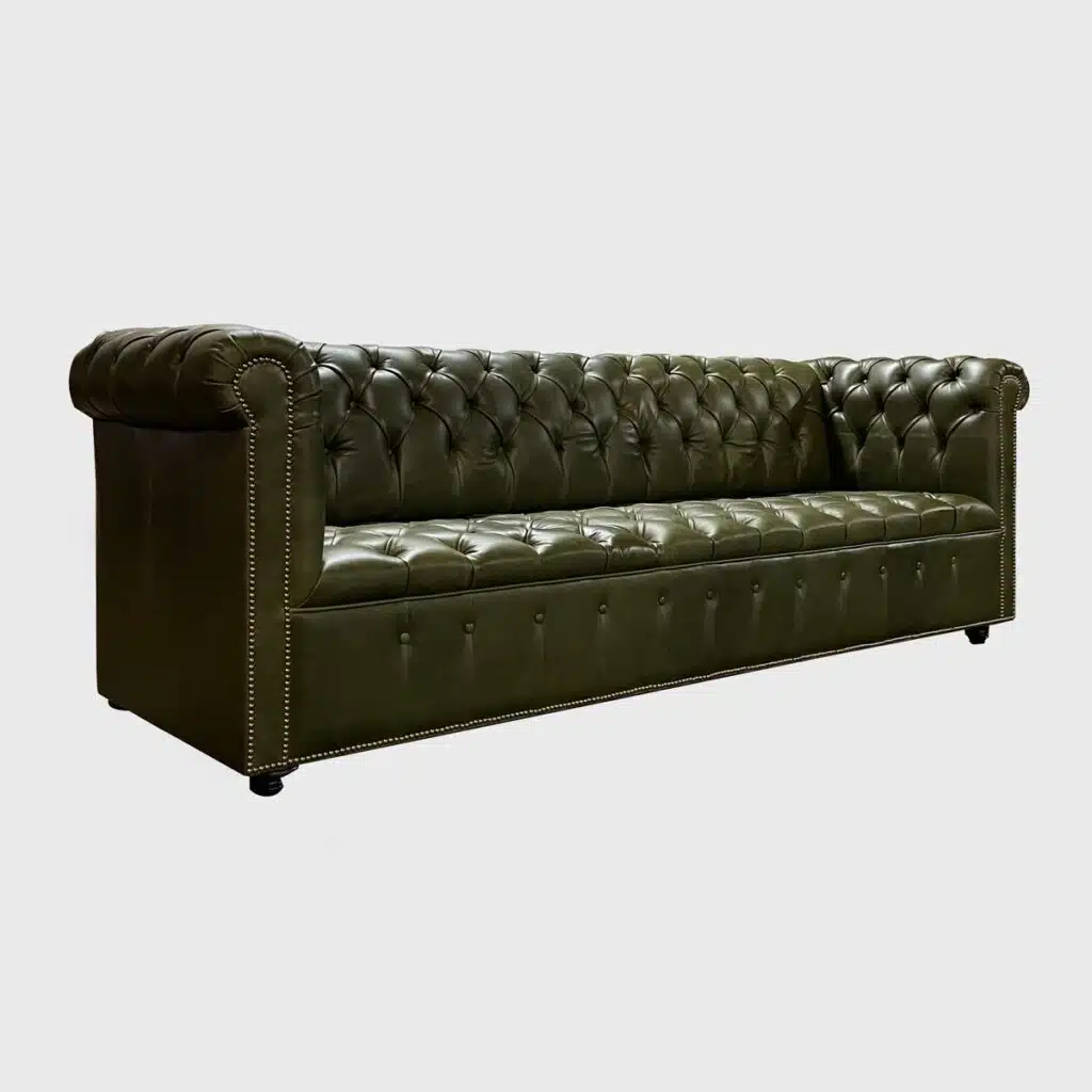 Upholstered in Jamie Stern Trento Adriatic Green Leather with Tufted Front Panel