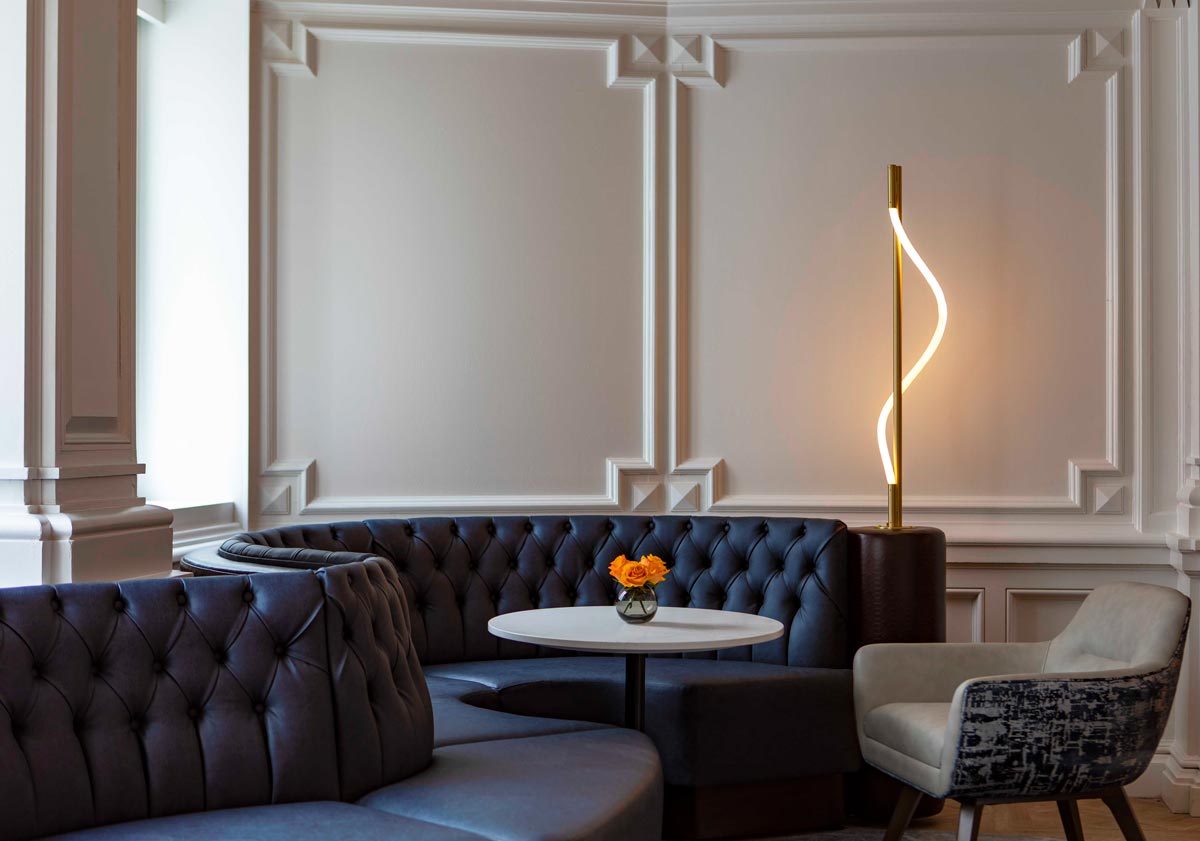 Curved custom banquettes made by Jamie Stern for the Algonquin Hotel