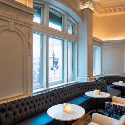 Curved custom banquettes made by Jamie Stern for the Algonquin Hotel