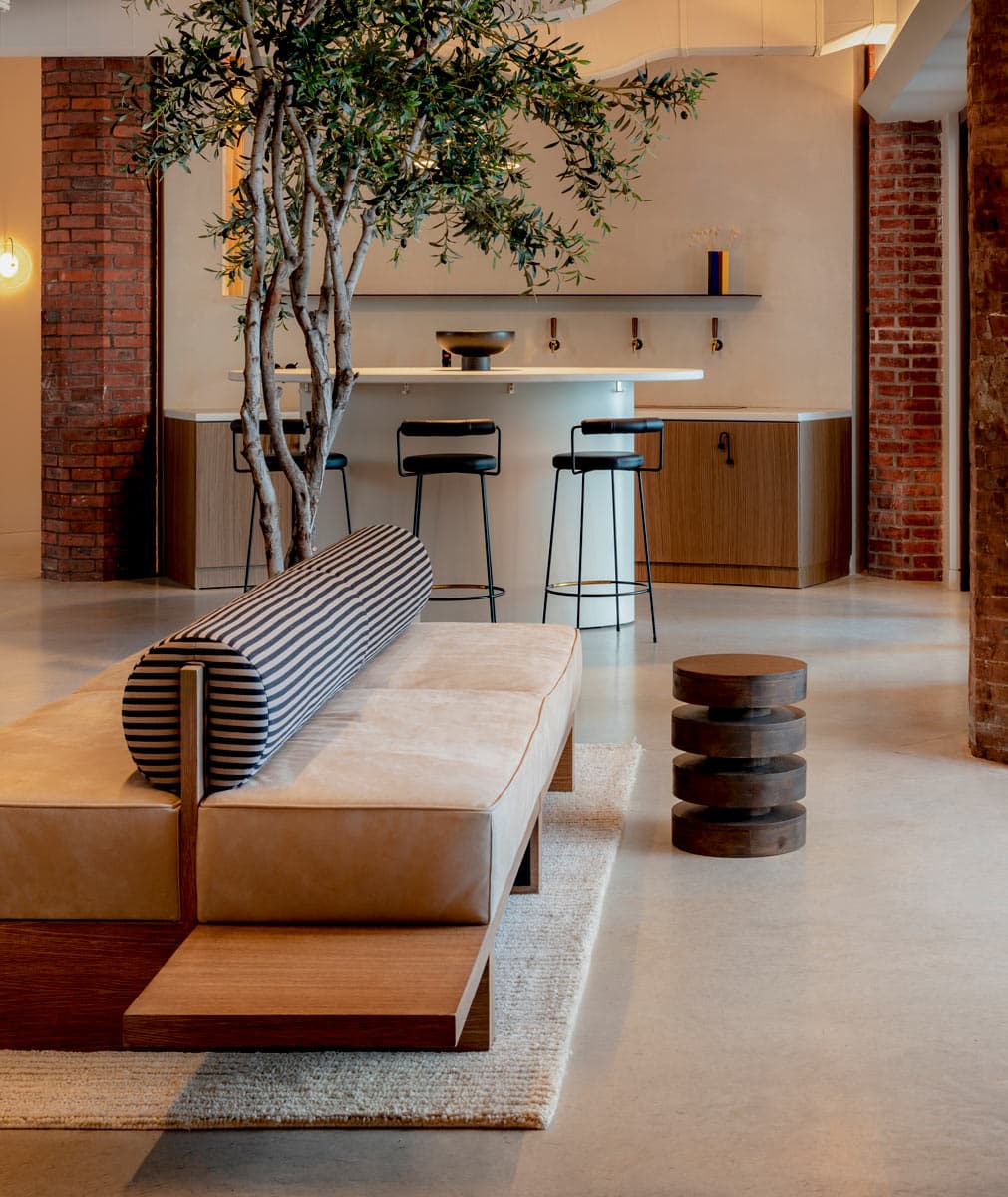 Custom leather banquette by Jamie Stern